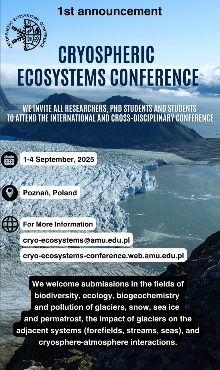 Plakat konferencji “Cryospheric Ecosystems” Poznań wrzesień 2025. W tle lodowiec.